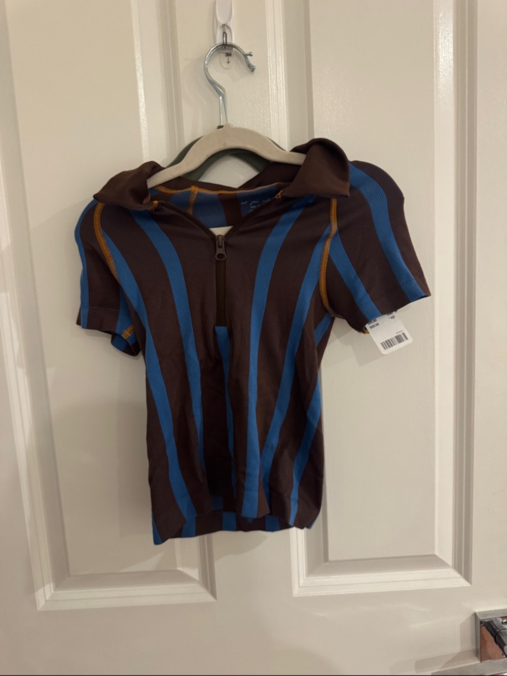 Brown Short-Sleeve Zip Polo with Blue Stripes